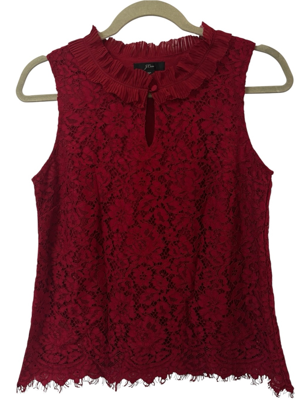 J Crew Blouse Wine Red Lace Mock Neck Ruffle Trim Feminine Romantic Office Sz SP